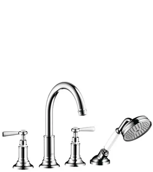 AXOR Wannenrandarmatur mit 4 Löchern und Hebelgriffen in Chrom. Enthält eine hohe Auslaufarmatur und eine Handbrause, elegant gestaltet für Badeumgebungen.